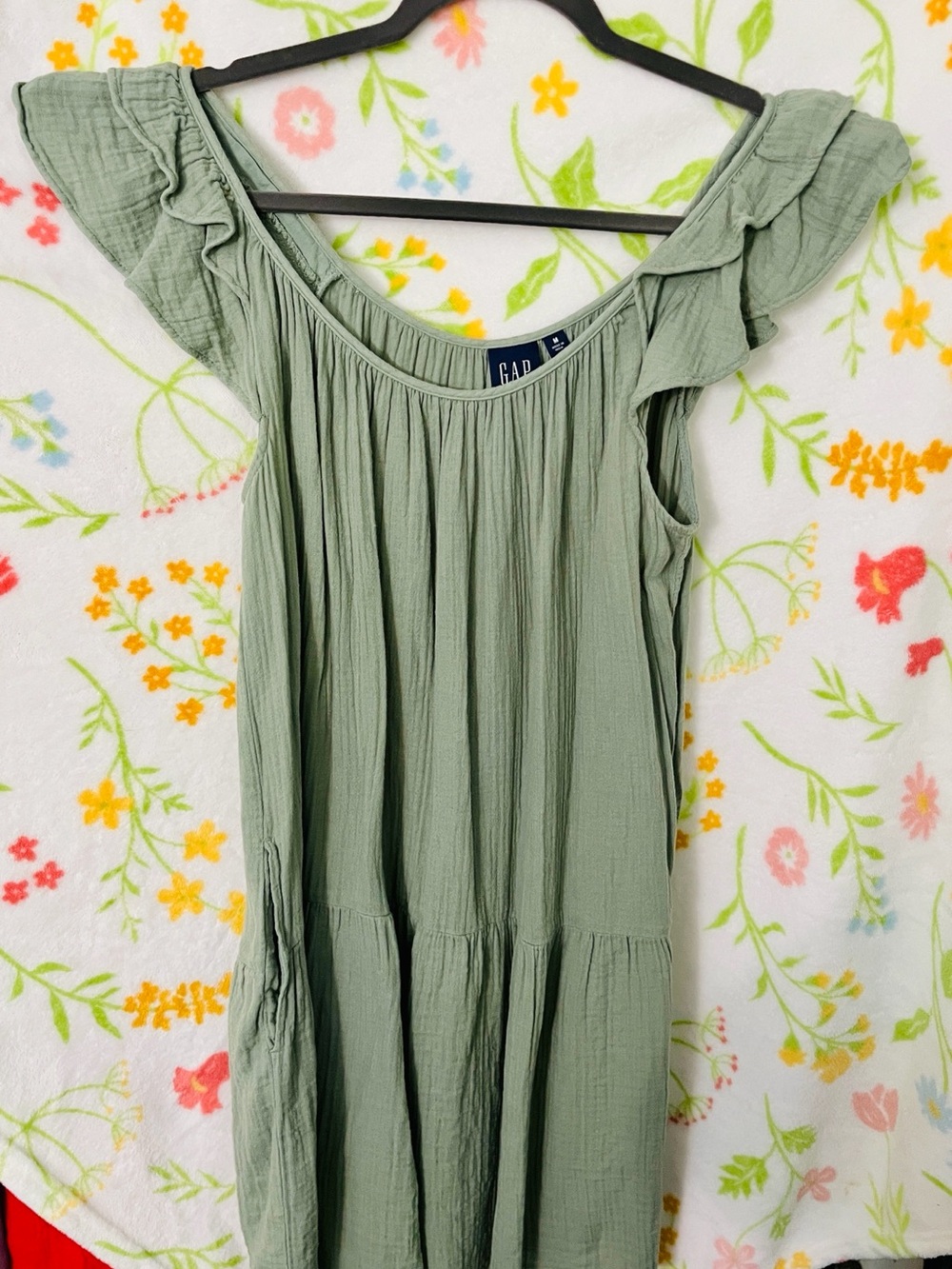 GAP Sage Green Ruffle Sleeve Tiered Midi Dress in Crinkle Gauze size medium
